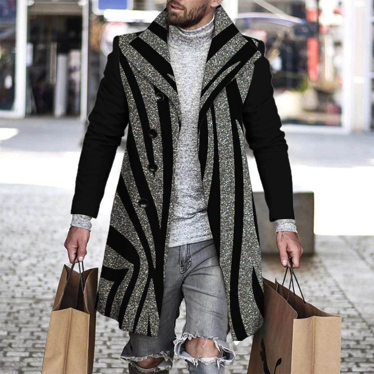 Stylish 3D Digital Printing Men's Woolen Trench Coat - Premium Fashion 2025 - Buy Center