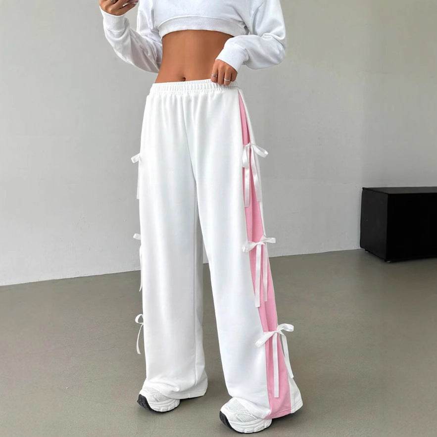 Women's Contrast Color Straight-Leg Trousers - Stylish Mid Rise, Elastic Waist - Buy Center