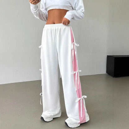 Women's Contrast Color Straight-Leg Trousers - Stylish Mid Rise, Elastic Waist - Buy Center