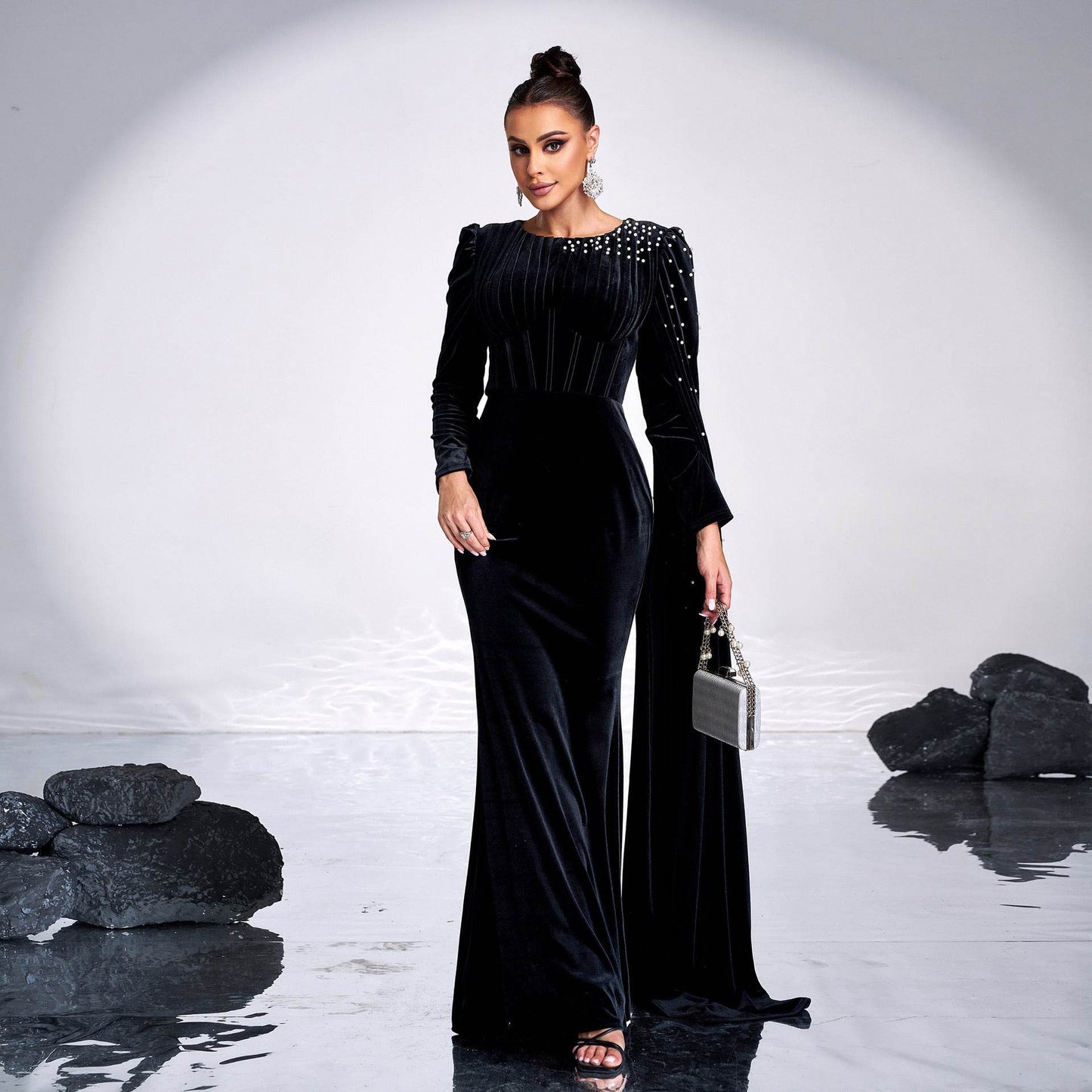 Elegant Velvet Round Neck Dress - Long Sleeve Rhinestone Evening Wear - Buy Center