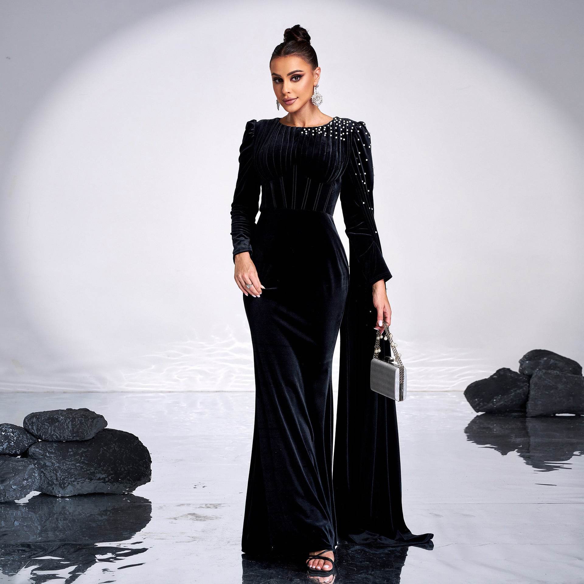Elegant Velvet Round Neck Dress - Long Sleeve Rhinestone Evening Wear - Buy Center