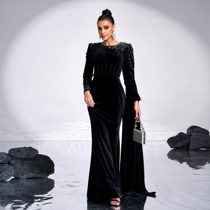 Elegant Velvet Round Neck Dress - Long Sleeve Rhinestone Evening Wear - Buy Center