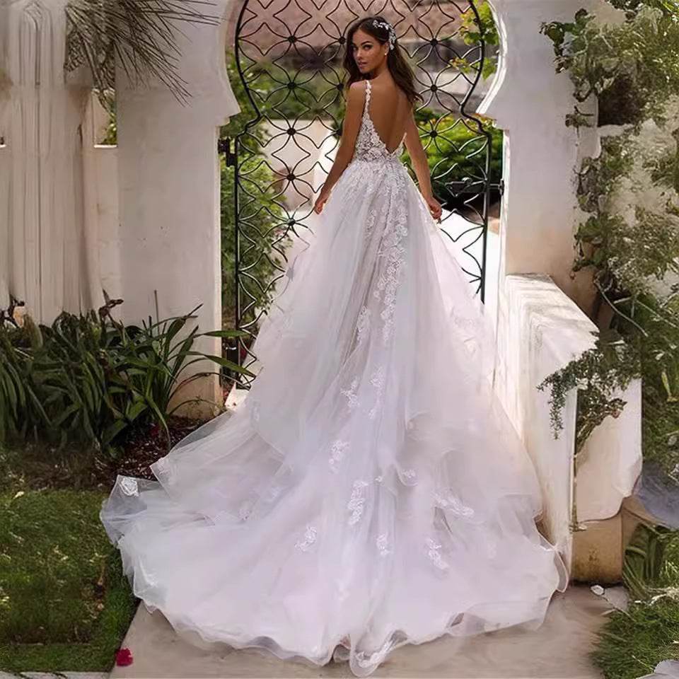 Elegant Deep V Slim Wedding Dress - Lace Suspender Evening Gown - Buy Center
