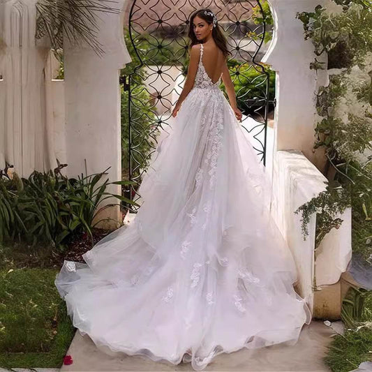 Elegant Deep V Slim Wedding Dress - Lace Suspender Evening Gown - Buy Center