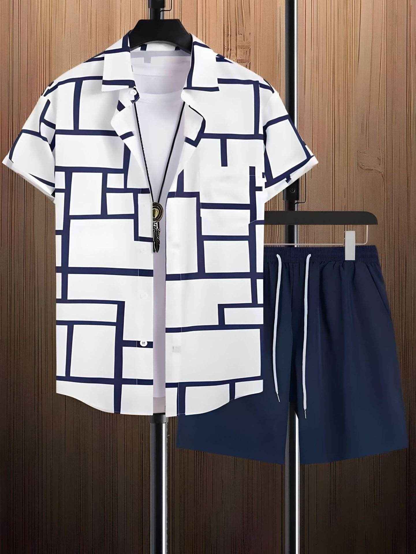 Black and White Striped Hawaiian Shirt Set for Men - Casual Summer Style