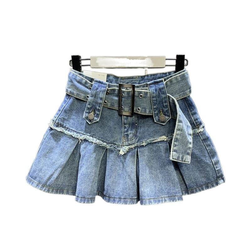 Retro Light Blue A-Line Denim Skirt - Stylish Pleated Design for Girls - Buy Center