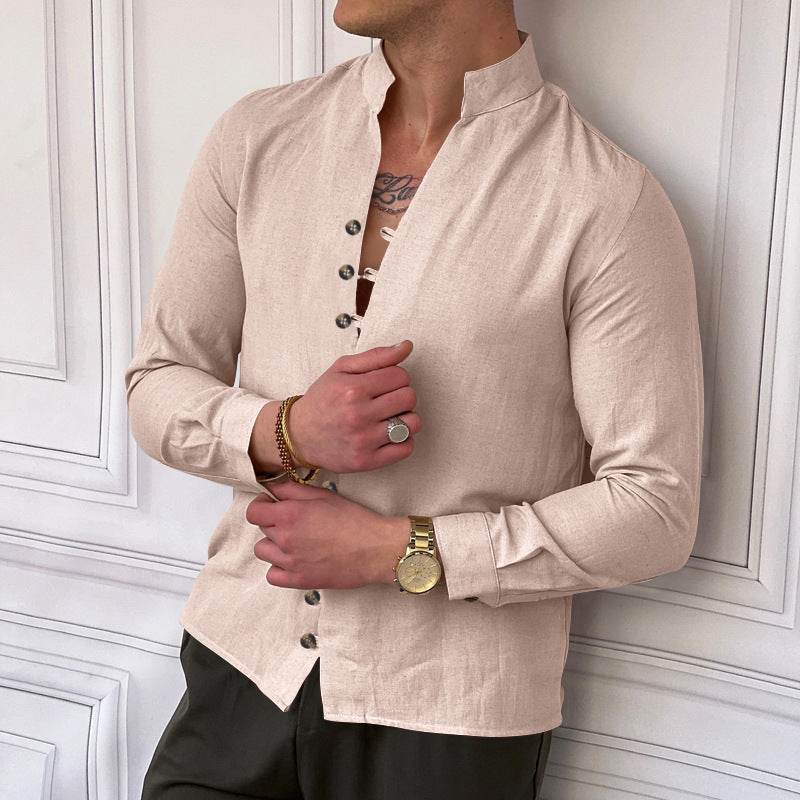 Buycenter Men's Casual Loose Linen Shirt - Ethnic Style, Long Sleeve - Buy Center