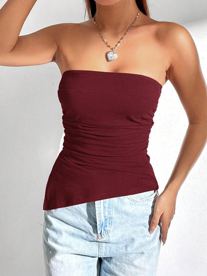 Buycenter Women’s Ruched Side Slit Bandeau Cami Top - Slim Fit, Casual Style - Buy Center