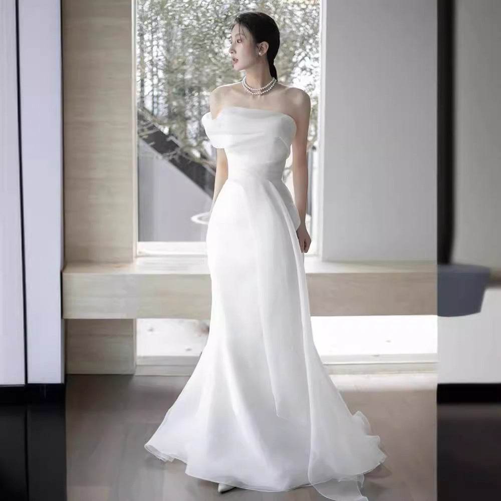 Elegant French Off-Shoulder Wedding Dress - Stylish Light White Gown - Buy Center