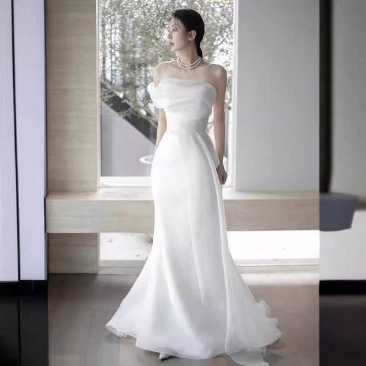 Elegant French Off-Shoulder Wedding Dress - Stylish Light White Gown - Buy Center