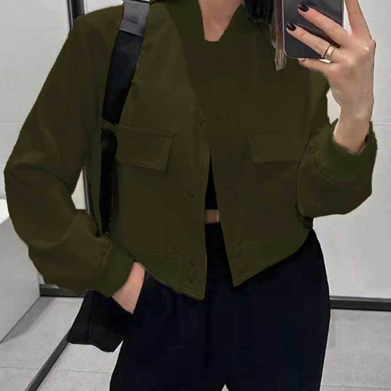Buycenter Women's Jacket Coat - Stand Collar, Large Pocket, Short Length - Buy Center