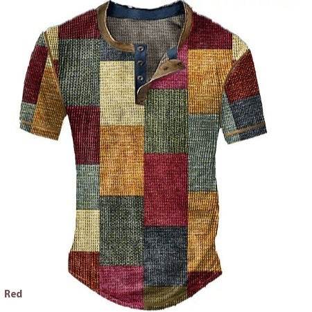 Men's Waffle Henley Shirt - Trendy Graphic Plaid Color Block Style - Buy Center