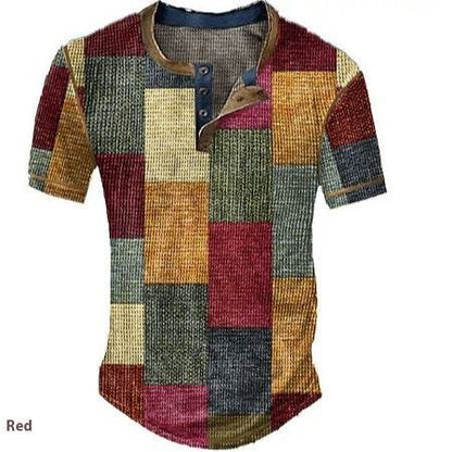 Men's Waffle Henley Shirt - Trendy Graphic Plaid Color Block Style - Buy Center