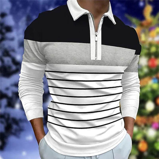 Men's Long Sleeve Color Matching Polo Shirt - Stylish Zipper T-Shirt Top - Buy Center
