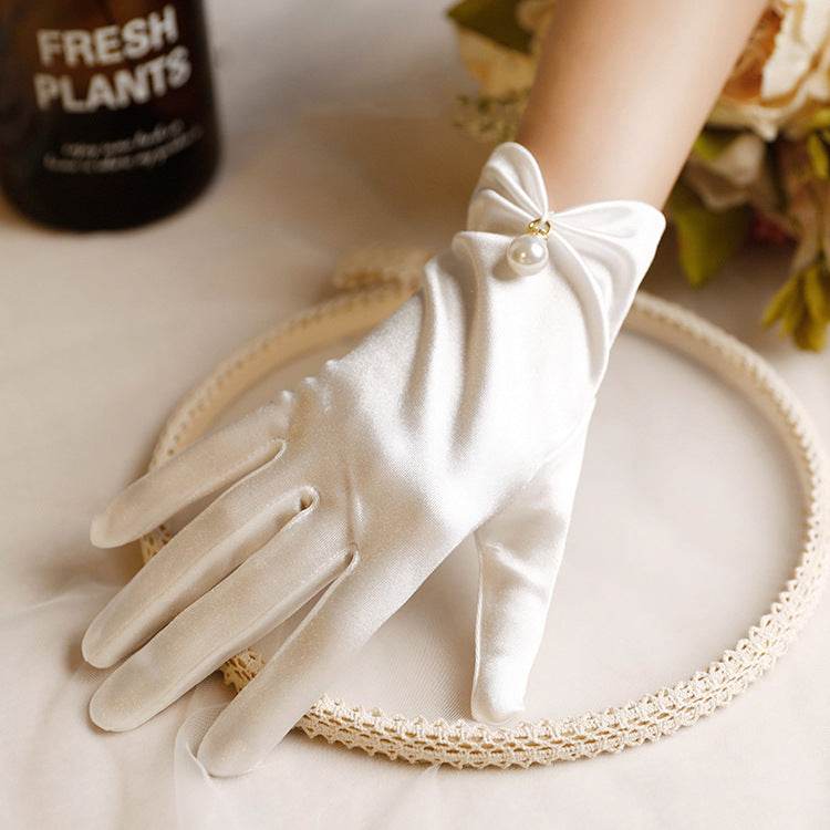 French Hepburn Style Pearl Satin Bridal Gloves - Elegant Wedding Accessory - Buy Center