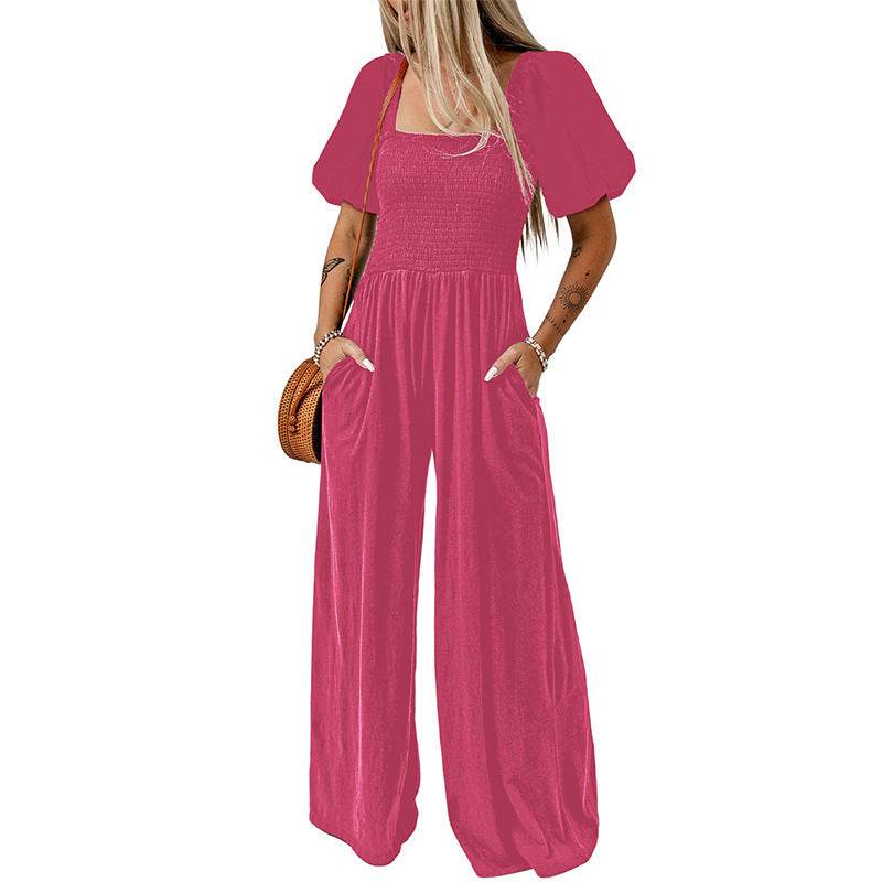 Women's Square Collar Black Jumpsuit - Chic Short Sleeve Design 2025 - Buy Center