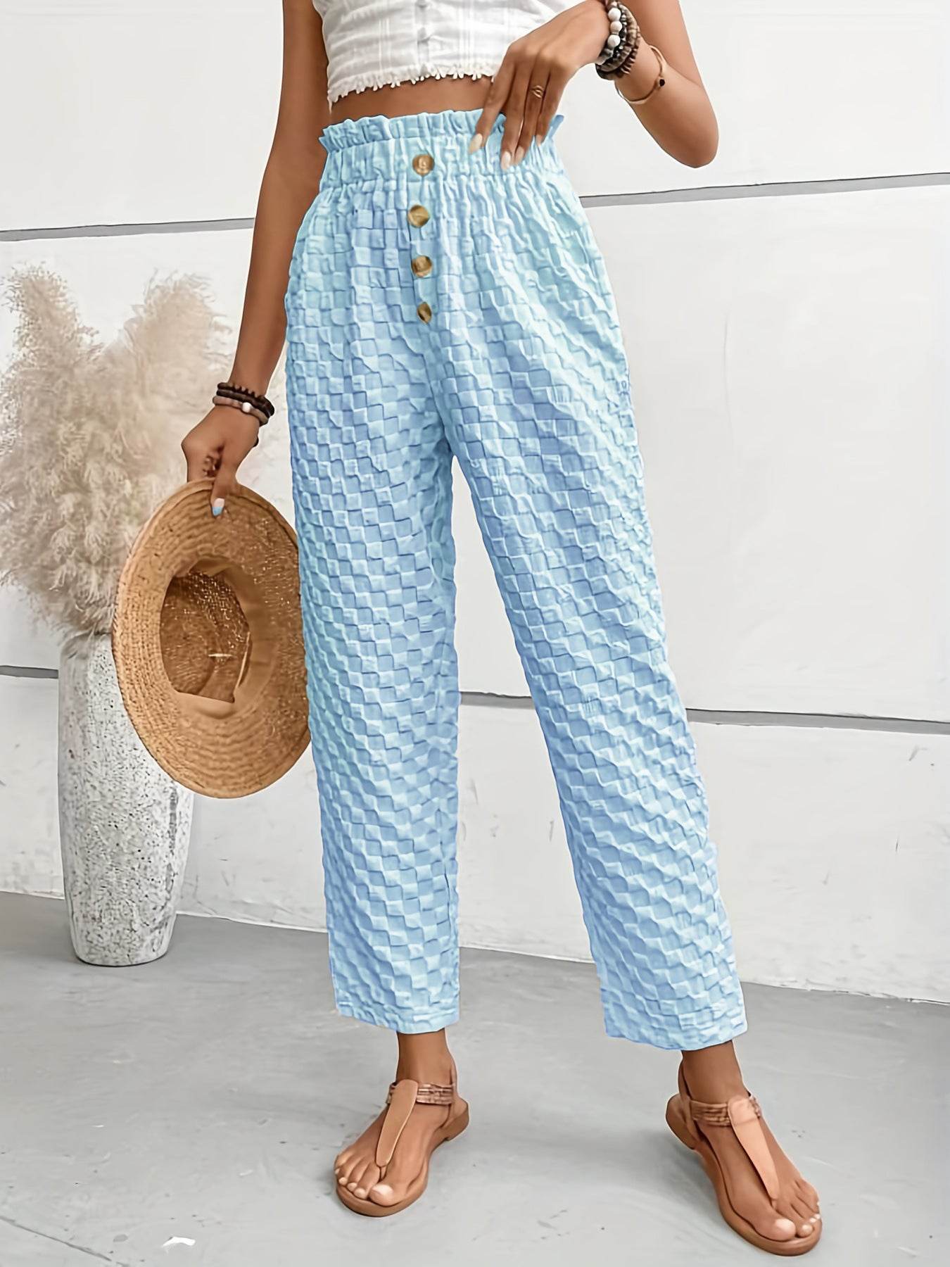 Women's Slim Fit Wide Leg Trousers - Trendy Buttoned Street Style - Buy Center
