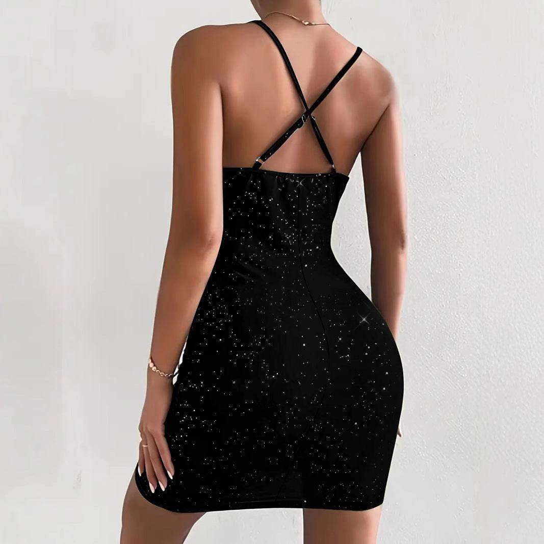 Buycenter Women's V-neck Slim Dress - Sequins, Sleeveless Elegance - Buy Center