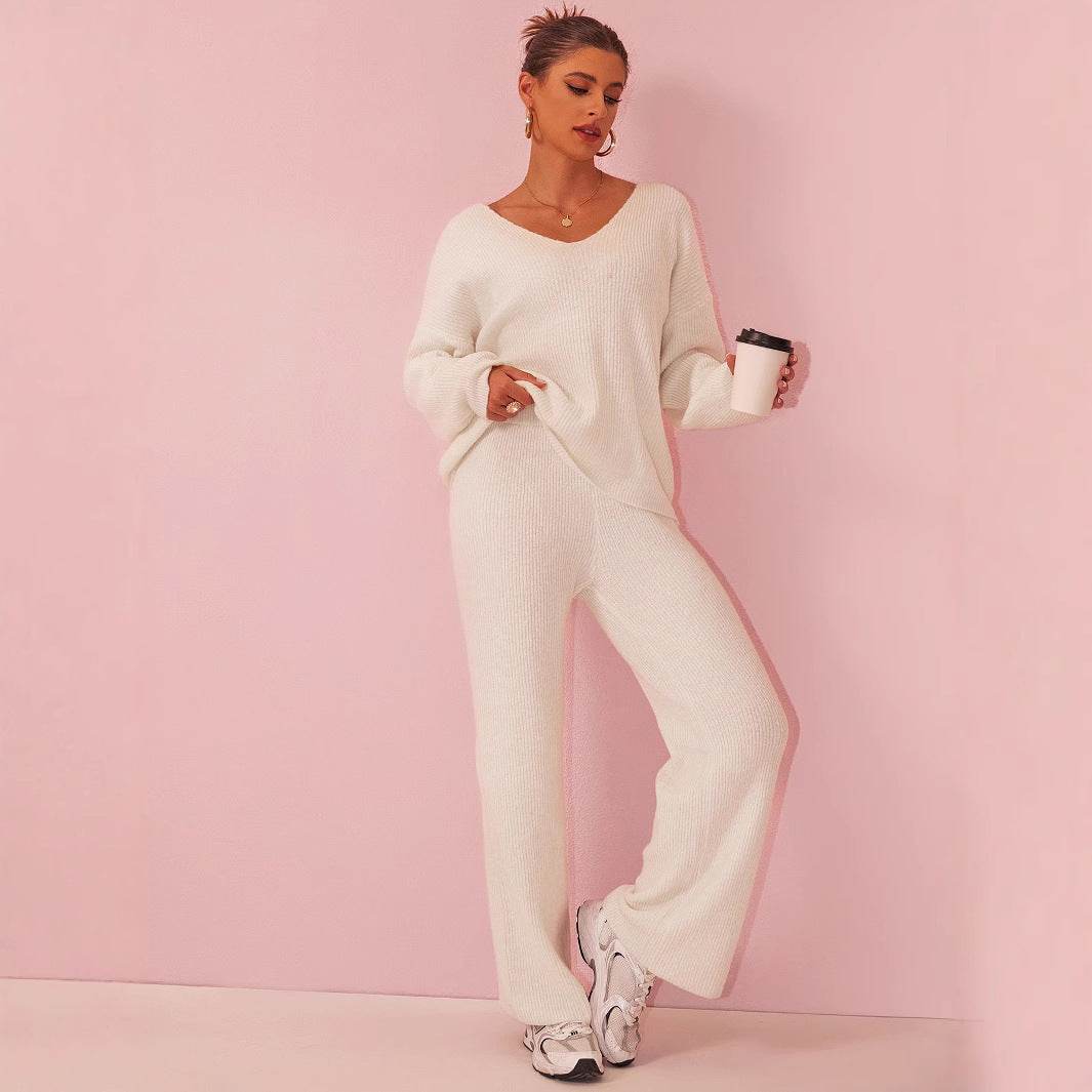 Stylish Knitted Sunken Stripe Long Sleeve Suit - Versatile Two-Piece Set - Buy Center