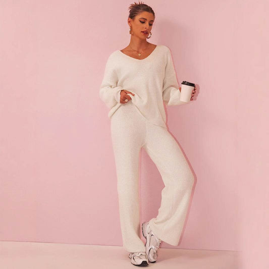 Stylish Knitted Sunken Stripe Long Sleeve Suit - Versatile Two-Piece Set - Buy Center