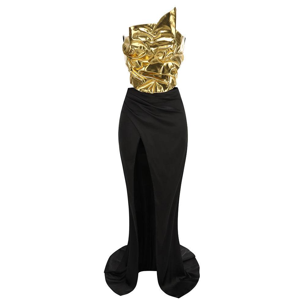 Elegant Black Two-Piece Dress Set - Backless One-Shoulder Satin Style - Buy Center