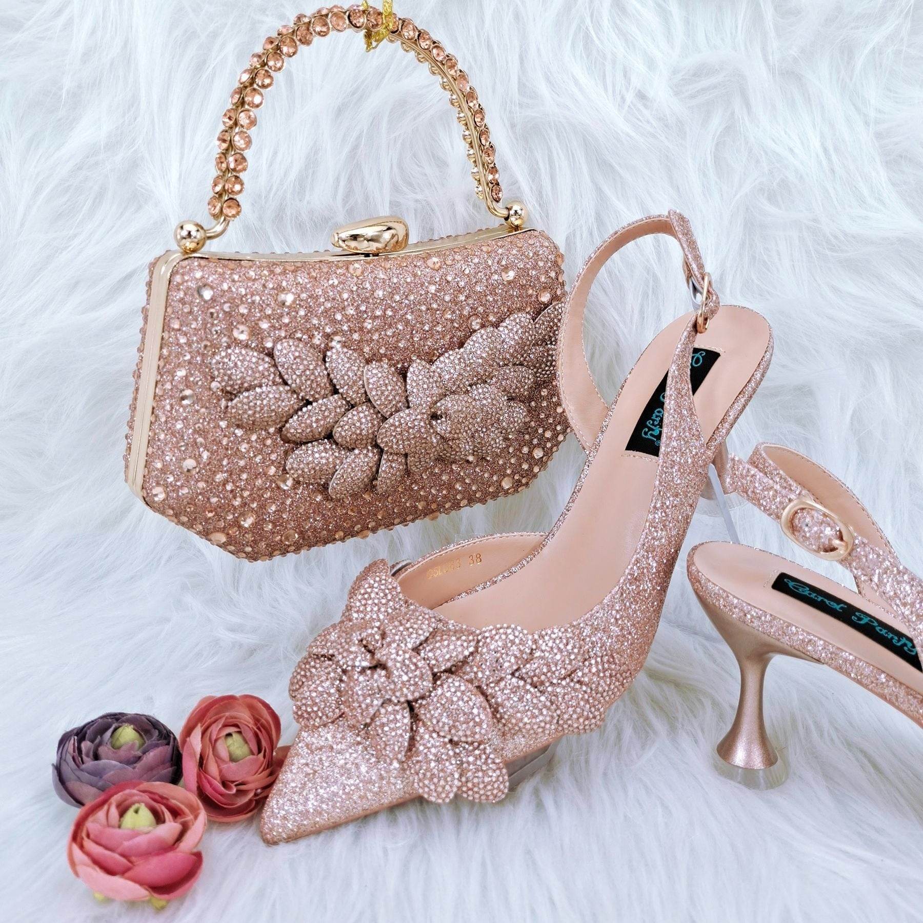 Handmade Leaf Decorative Evening Shoes Bag Set – Stylish Wine Glass Heel - Buy Center