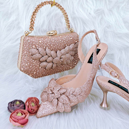 Handmade Leaf Decorative Evening Shoes Bag Set – Stylish Wine Glass Heel - Buy Center