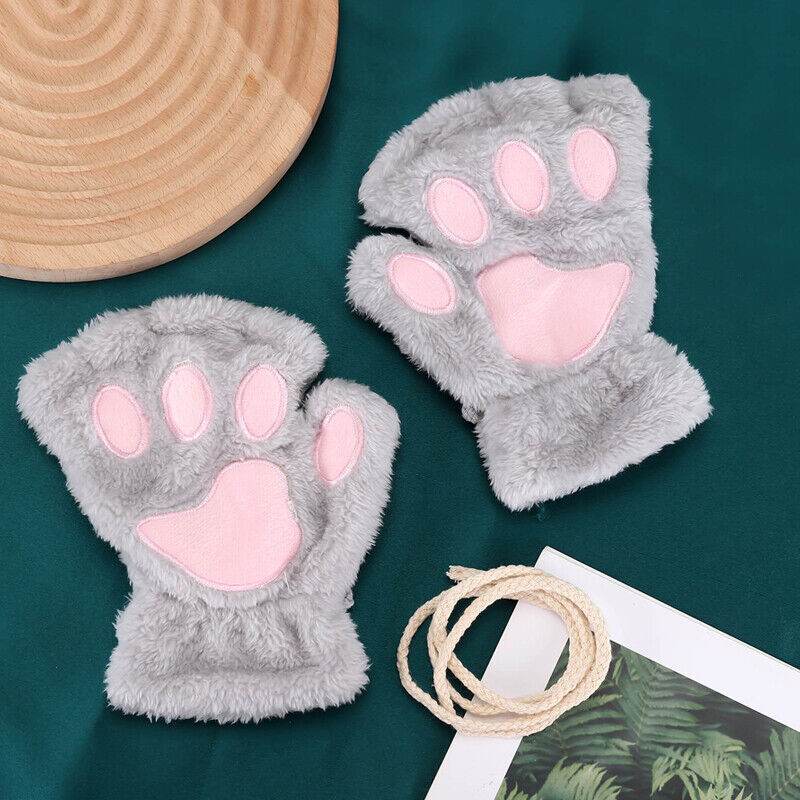 Women's Plush Cat Paw Gloves - Cozy Fingerless Mittens for Winter Style - Buy Center