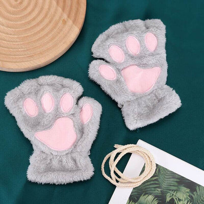 Women's Plush Cat Paw Gloves - Cozy Fingerless Mittens for Winter Style - Buy Center