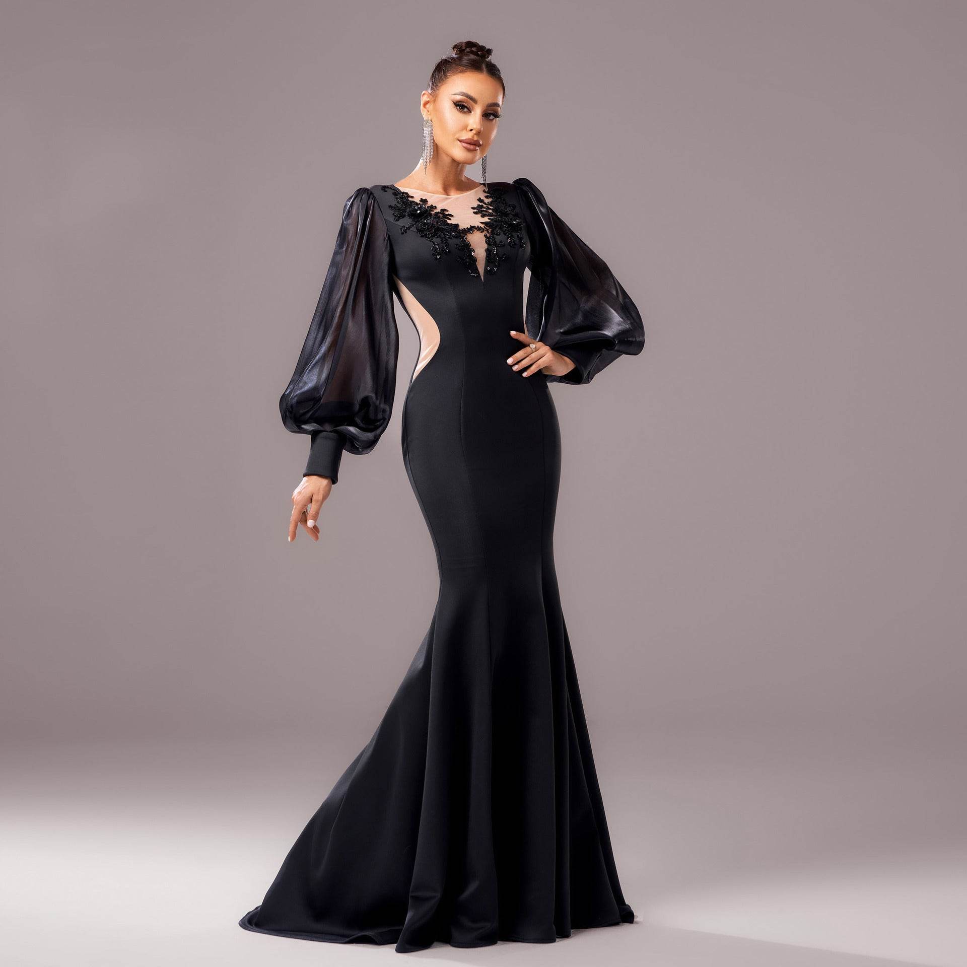 Elegant Long Sleeve Fishtail Dress - Applique & Sequin Details for Events - Buy Center
