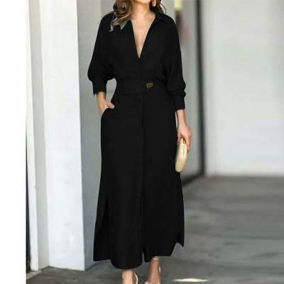 Buycenter Women's Long-Sleeved Dress - Elegant Tied Waist, Solid Colors - Buy Center