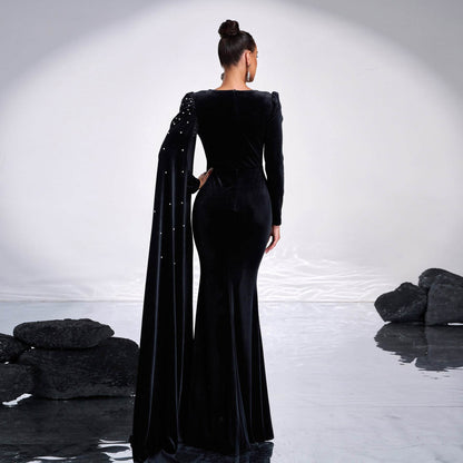 Elegant Velvet Round Neck Dress - Long Sleeve Rhinestone Evening Wear - Buy Center