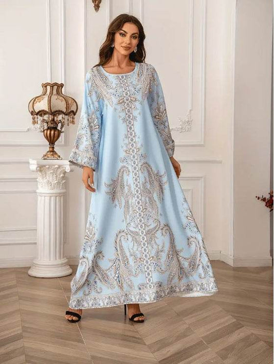 Buycenter Elegant Floral Print Abaya Dress - Long Sleeve, Micro Elastic - Buy Center