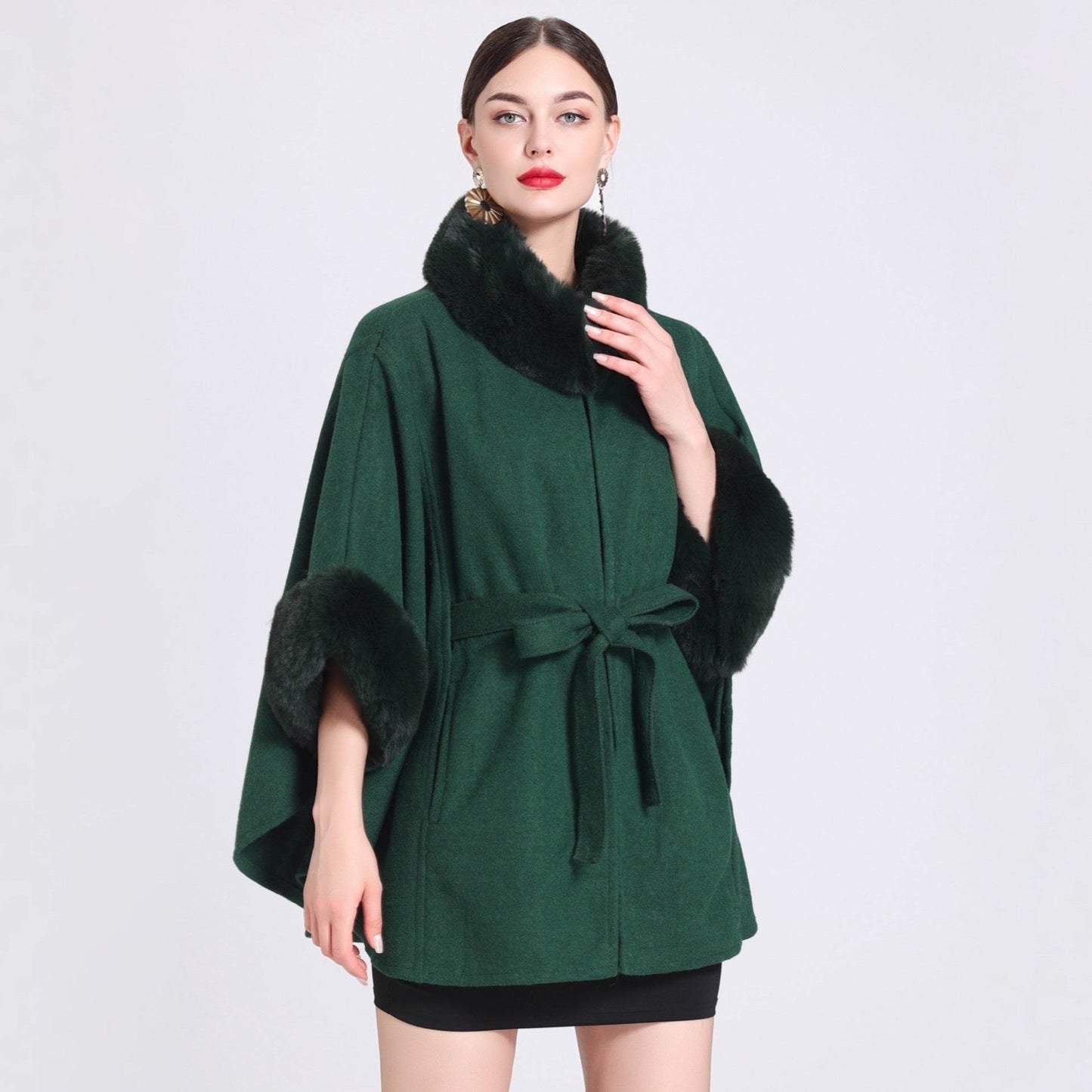 Buycenter Women's Rabbit Fur Collar Shawl Cape - Knitted Padded Jacket - Buy Center
