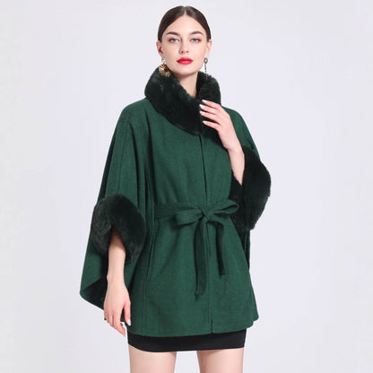 Buycenter Women's Rabbit Fur Collar Shawl Cape - Knitted Padded Jacket - Buy Center