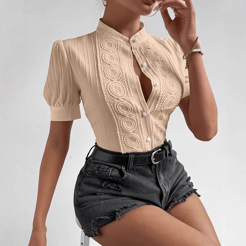 Elegant Lace Patchwork Women's Top - Trendy Stand-up Collar, Short Sleeve - Buy Center