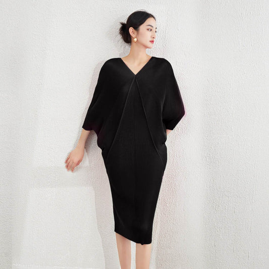 Women's Plus Size Pleated Dress - Elegant Batwing Sleeves & Slimming Fit - Buy Center