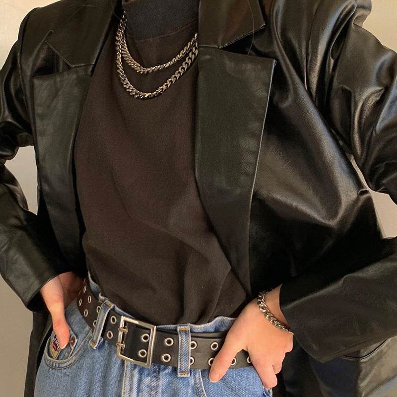 Buycenter Casual PU Leather Lapel Jacket - Stylish Medium Length for Everyday Wear - Buy Center
