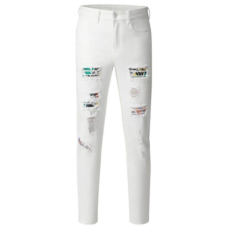 Men's Slim Fit White Ripped Jeans - Trendy Patchwork Style for 2025 - Buy Center