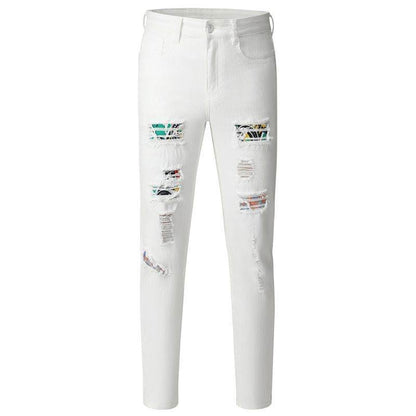Men's Slim Fit White Ripped Jeans - Trendy Patchwork Style for 2025 - Buy Center