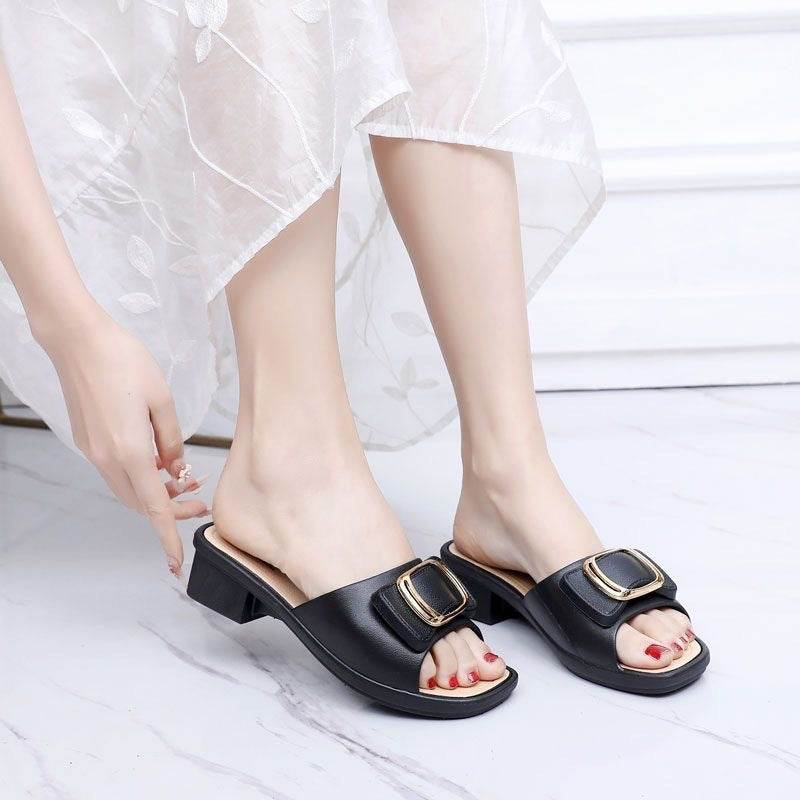 Women's Chunky Heel Slippers - Trendy Korean Style for Summer 2025 - Buy Center