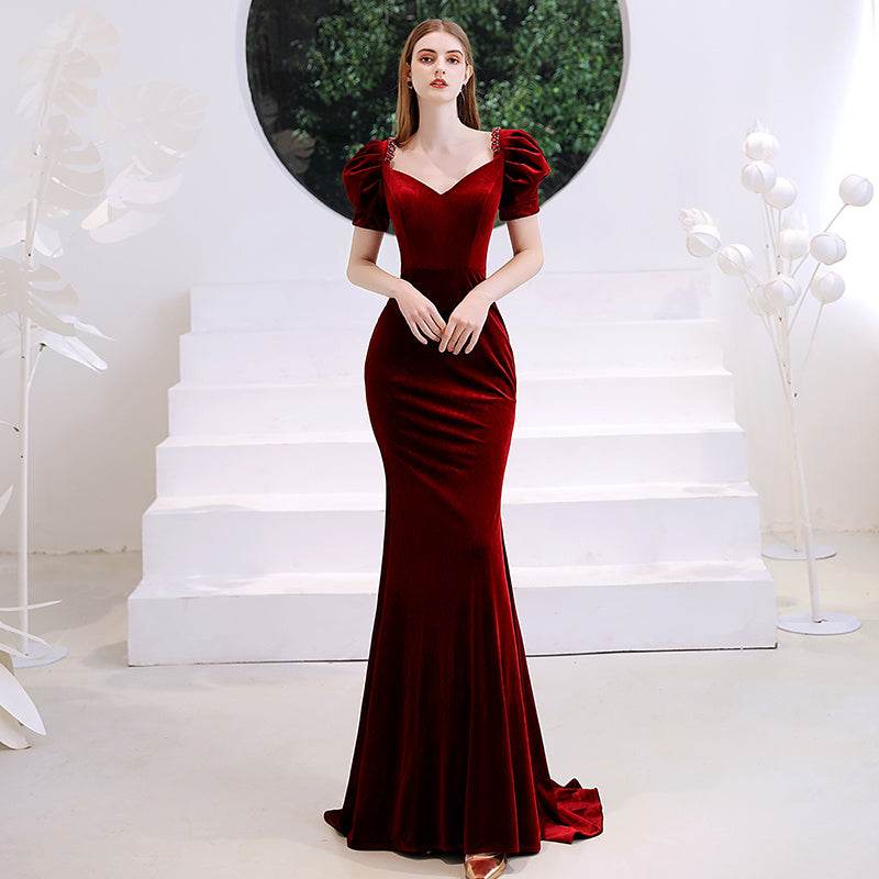 Buycenter Wine Red Fishtail Evening Dress - Elegant Deep V-Neck Style - Buy Center