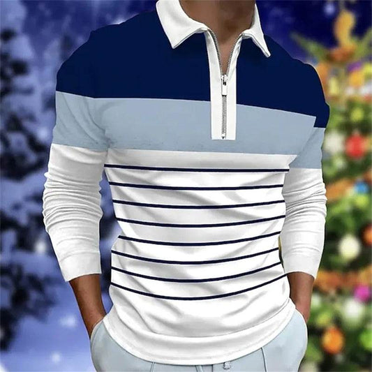 Men's Long Sleeve Color Matching Polo Shirt - Stylish Zipper T-Shirt Top - Buy Center