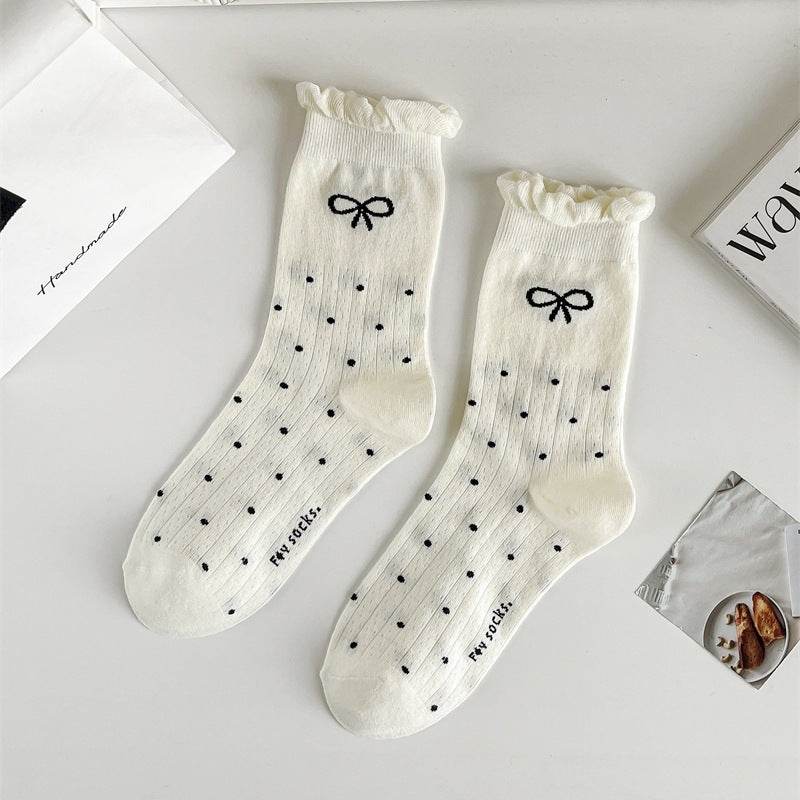 Three-Dimensional Polka Dot Bow Socks - Pure Cotton Mid-Calf for Women - Buy Center