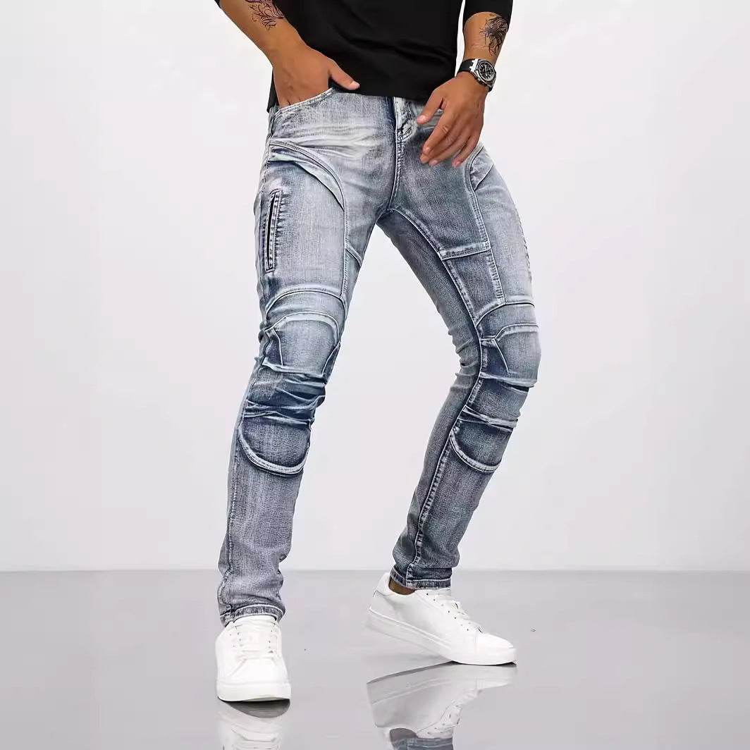 Retro Casual Stretch Motorcycle Jeans for Men - Mid Waist, Light Blue - Buy Center