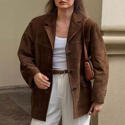 Buycenter Ladies Faux Suede Casual Blazer Coat - Retro Style Jacket - Buy Center