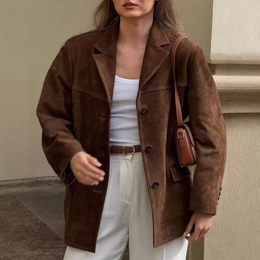 Buycenter Ladies Faux Suede Casual Blazer Coat - Retro Style Jacket - Buy Center