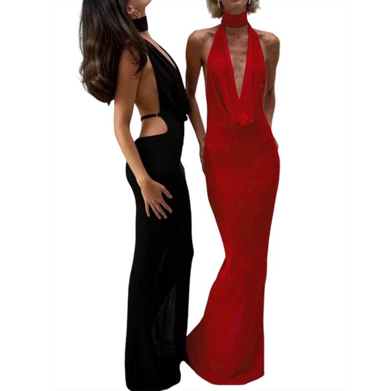 Sexy Halter V-Neck Backless Dress - Black & Red Options for Modern Women - Buy Center