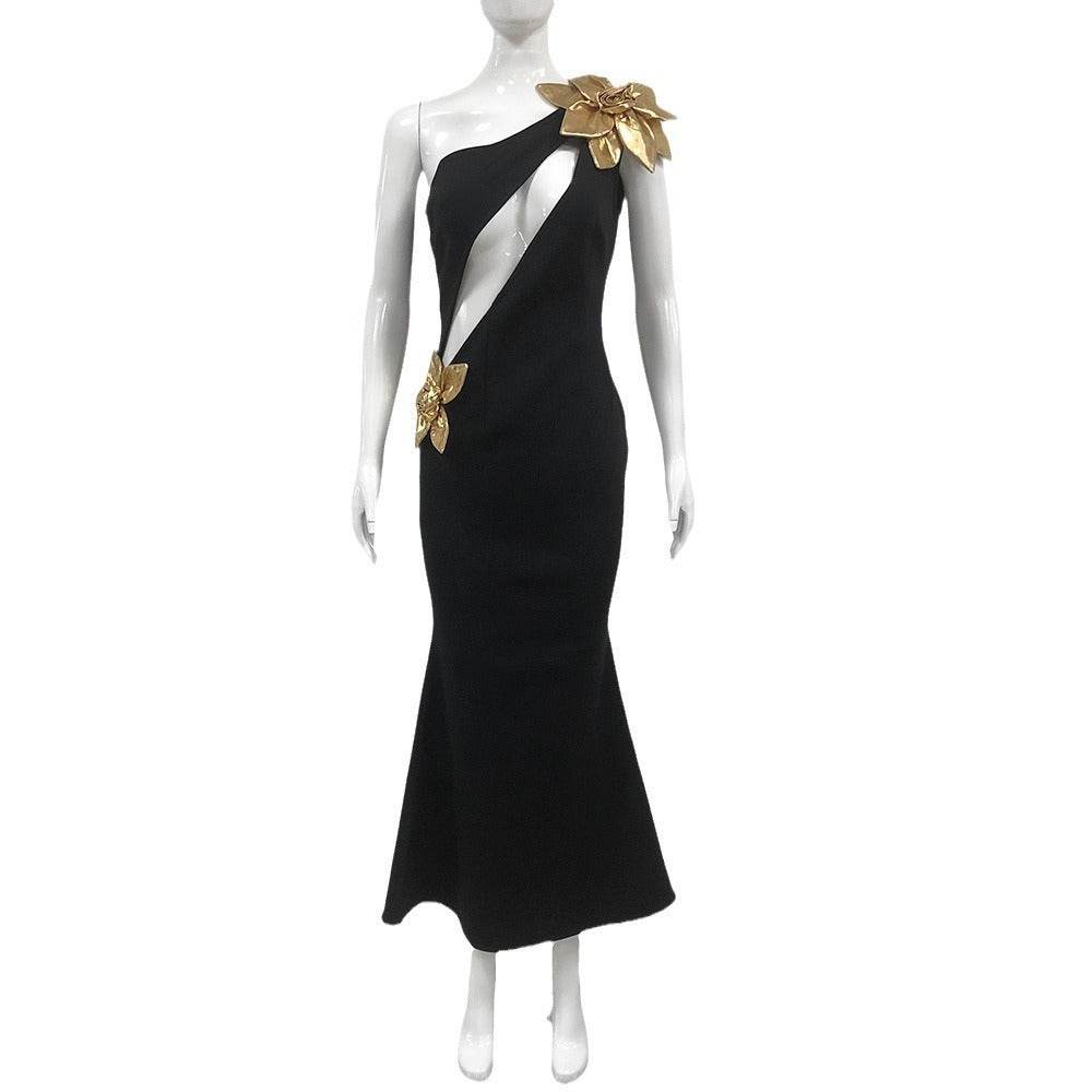 Elegant Slim-Fit Bandage Maxi Dress - Golden Flower Bridesmaid Style - Buy Center