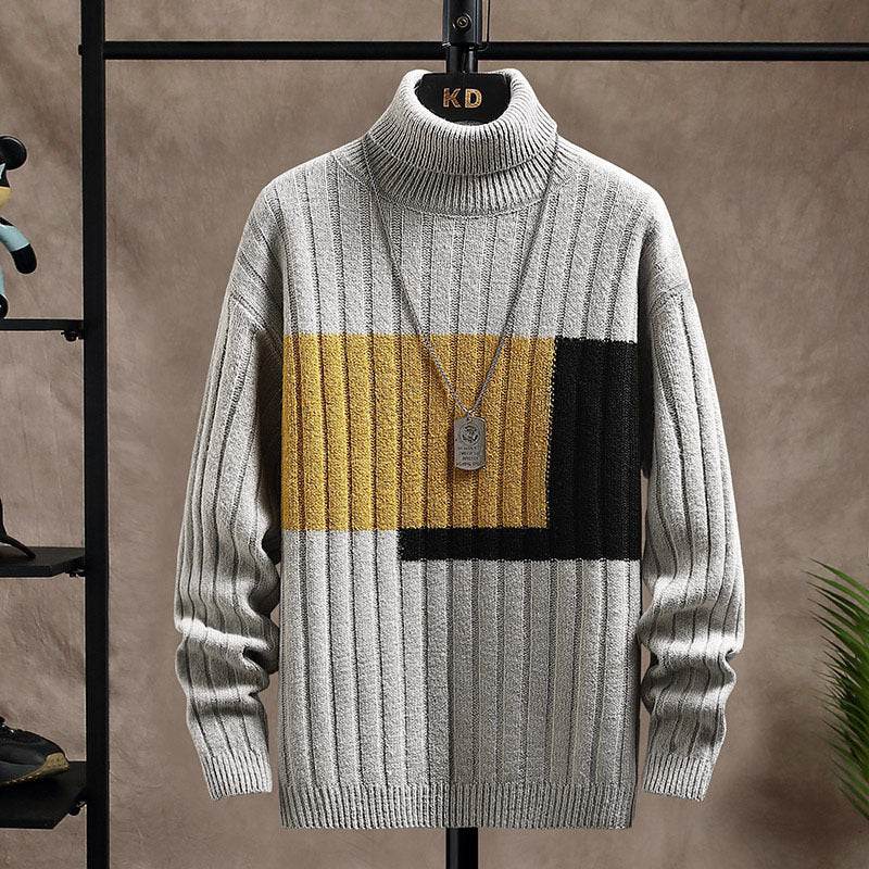 Buycenter Men's Knitted Turtleneck Sweater - Color Stitching, Cozy Warmth - Buy Center